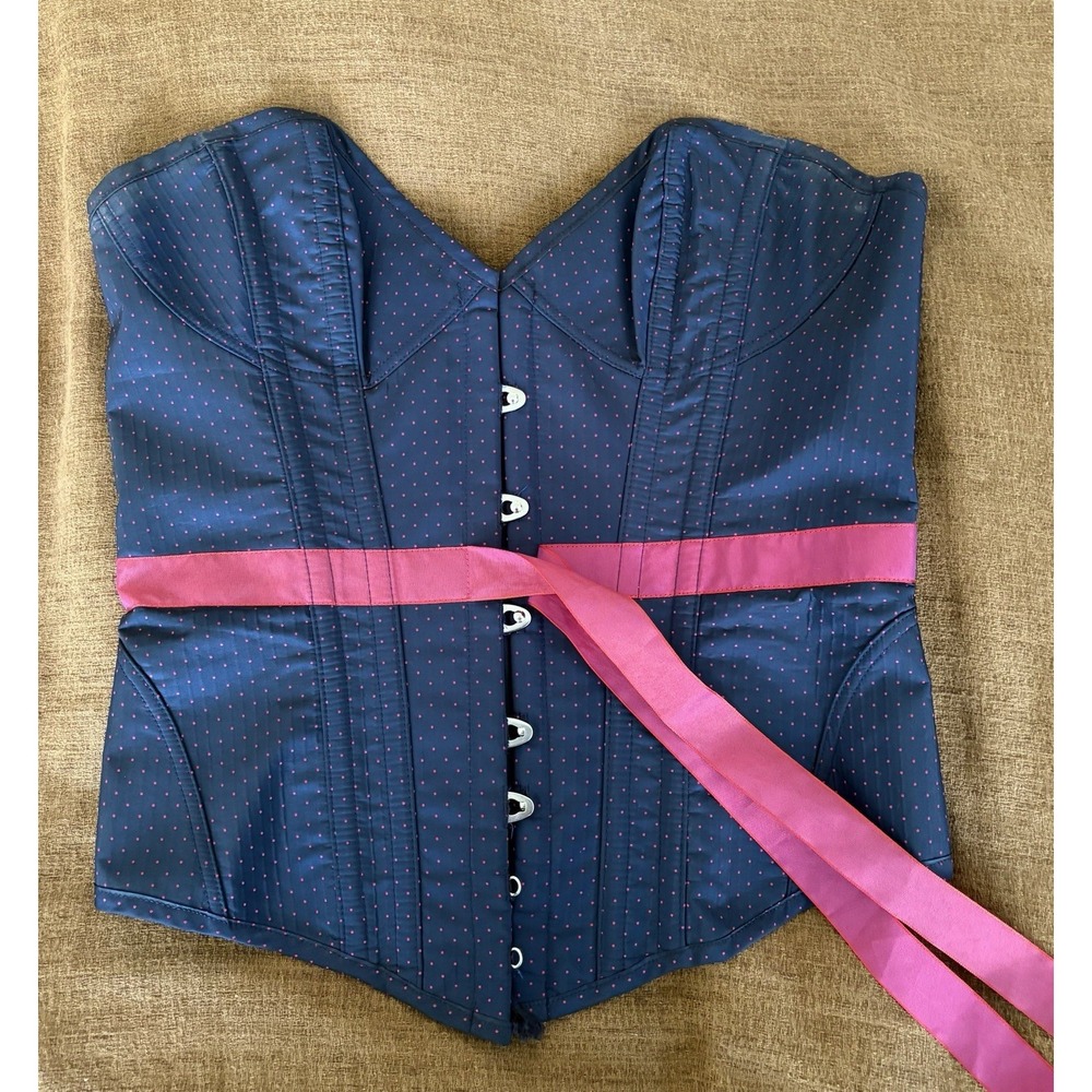 Agent Provocateur Navy Blue & Hot Pink Polka Drop Corset Top Lace Up Medium C/D - Picture 6 of 6